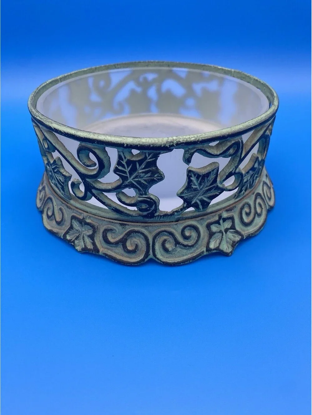PartyLite Vendigris Ivy Garden Metal w Frosted Glass 3-Wick Candle Holder #P7362